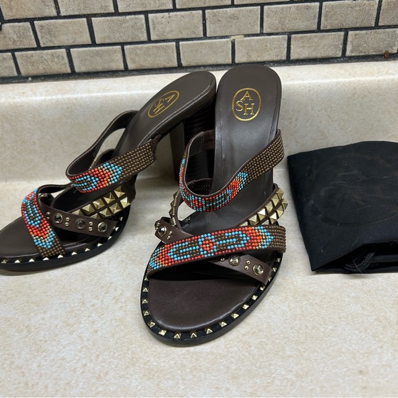 ASH Gold Studded/beaded Brown Leather Block Heels Strappy Sandals Sz 6.5 New - Picture 2 of 15